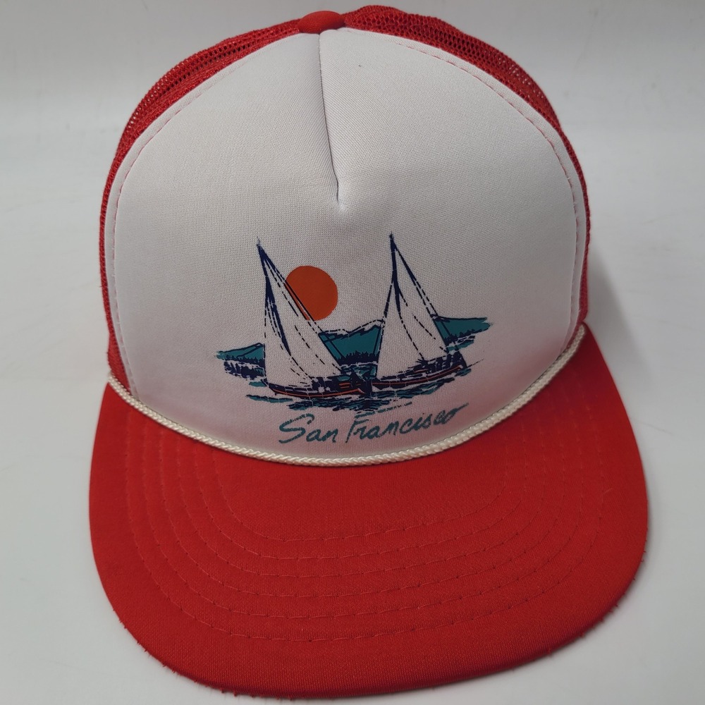 Vintage San Francisco Hat Snapback (Fits Small) Trucker Mesh Red White Sail Boat